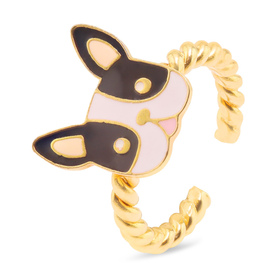 Auf dem Bild zu sehen ist ein Damen Ring mit Bulldogge...