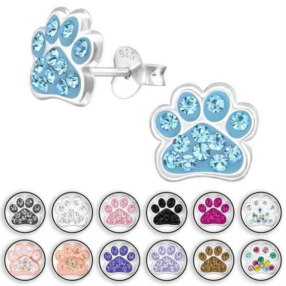 Auf dem Bild zu sehen ist ein Kinder Ohrringe Pfote Ohrstecker aus 925 Sterling Silver echt Silber mit 24 Kristallen